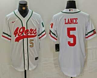 Men%27s San Francisco 49ers #5 Trey Lance Number White Mexico Cool Base Stitched Baseball Jersey